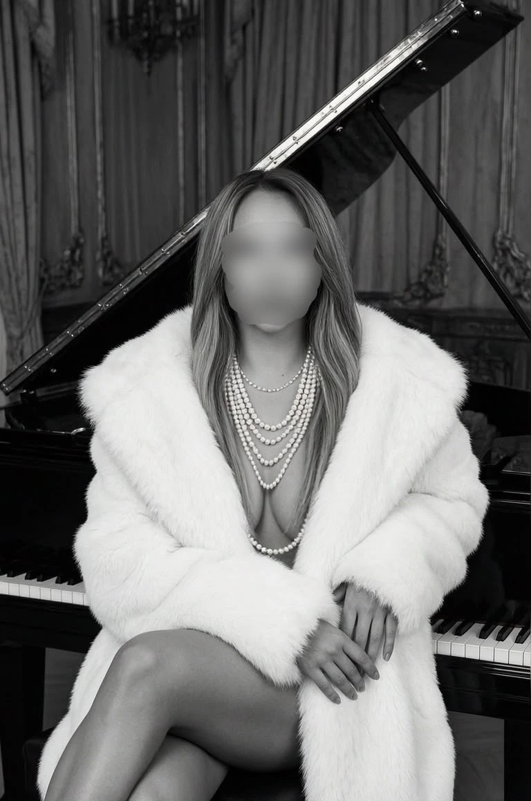 Lana con un abrigo de piel blanco y collares de perlas, sentada ante un piano de cola, en blanco y negro